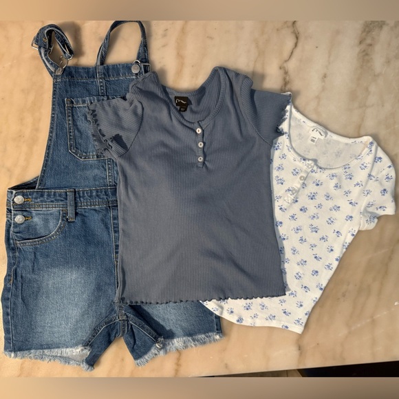 Cat & Jack Denim Overalls with Art Class Blue and White Tops size 10-12 large - Picture 1 of 4
